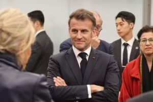 French President Emmanuel Macron attends the inauguration of the Centre Pompidou Hanwha in Seoul on April 3 (AFP)