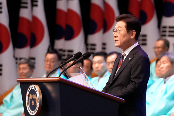 South Korean President Lee Jae Myung speaking at a ceremony in Seoul