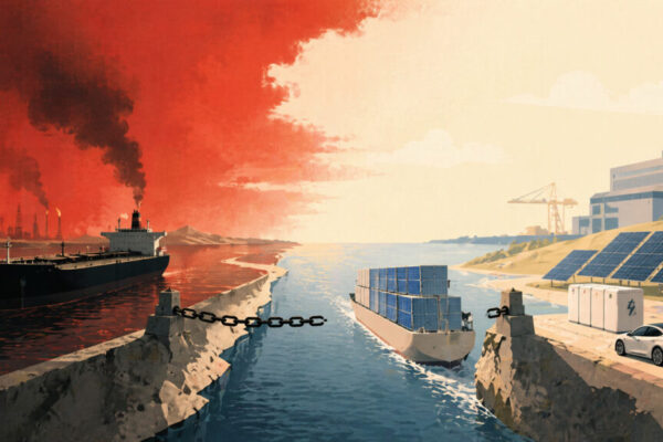 Image representing oil exports on the left anf solar export on the right with the right being bright and sunny and the left being red and dark.