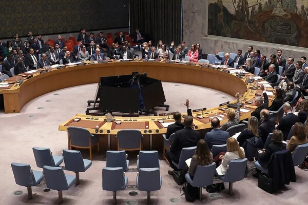 Members of the United Nations Security Council voting during a meeting at UN headquarters in New York