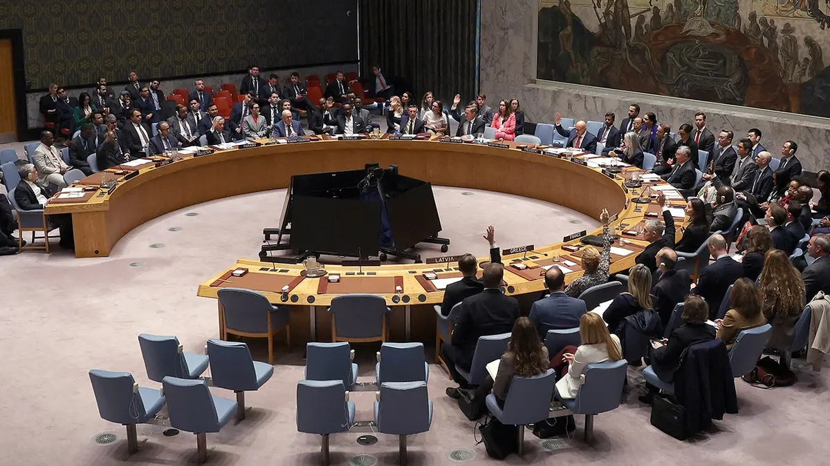 Members of the United Nations Security Council voting during a meeting at UN headquarters in New York