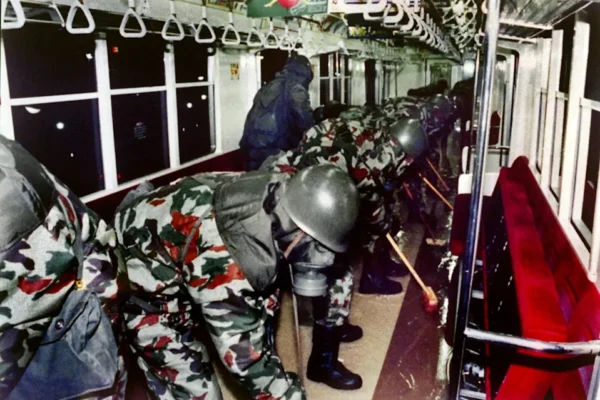 Members of the Japan Ground Self-Defense Forces clean up subway cars on March 20, 1995, in Tokyo after Aum Shinrikyo’s sarin nerve gas attack.