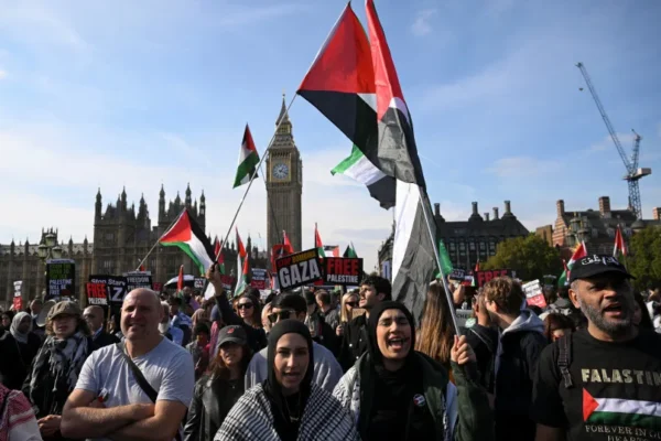 Demonstrators from the ''Palestine Coalition'' gather in support for Palestinians, after a ceasefire between Israel and Hamas in Gaza went into effect, in London, Britain, October 11, 2025.