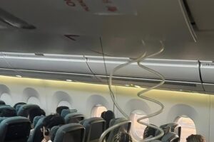 Oxygen masks dropped during the incident on the Cathay flight. Photo: Threads/ @east_gibraltarian