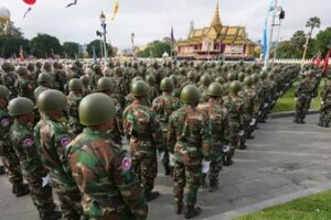 Cambodian military members participate together with government civil servants in the country's 70th Independence Day, in Phnom Penh, Cambodia, Thursday, Nov. 9, 2023. (AP Photo/File)