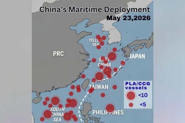 A Taiwanese graphic showing alleged Chinese ship deployments near Taiwan and the broader Indo-Pacific region.