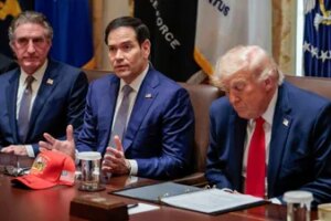 US Interior Secretary Doug Burgum, Secretary of State Marco Rubio and US President Donald Trump attend a cabinet meeting in the Cabinet Room at the White House, in Washington. (REUTERS)