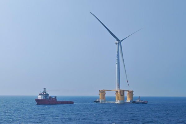 The Three Gorges Pilot turbine, worlds largest single-unit floating offshore wind turbine, instaleld off the coast of China. Photo from X