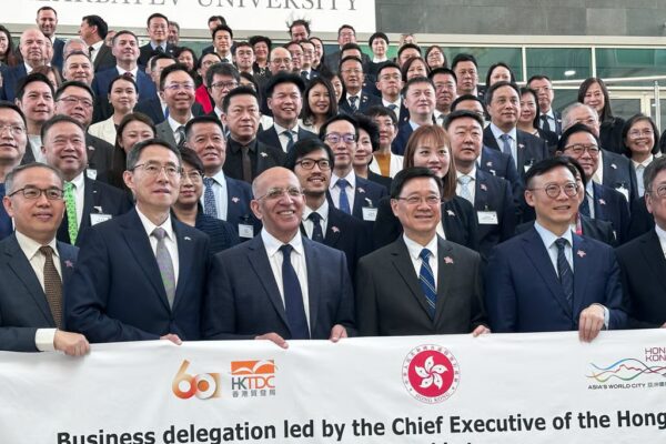 Hong Kong Chief Executive John Lee Ka-chiu and his delegation at Nazarbayev University in Astana on June 3. Photo: Jeffie Lam