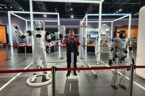 Humanoid robots mimic the gestures of a human at Anhui Innovation Pavilion in Hefei, in China’s Anhui Province, on June 13, 2026. (Park Min-hee/Hankyoreh)