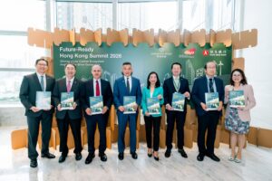 Delegates present the ‘Creating a Green and Silver Economy’ white paper to attendees at the Future-ready Hong Kong Summit 2026.