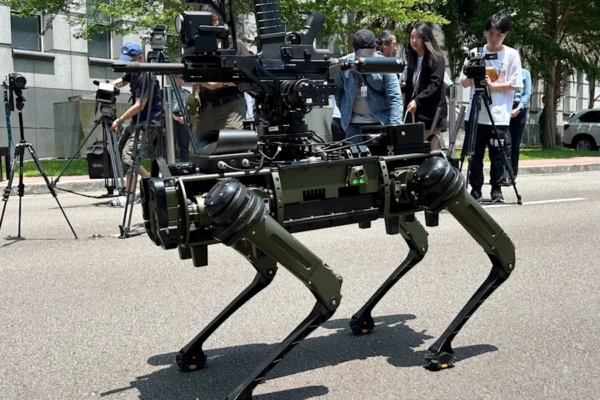 A gun is attached to the top of the machine