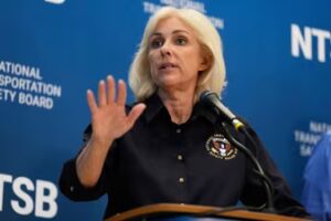 Jennifer Homendy, chair of the National Transportation Safety Board, speaks during a news conference in New York, Monday, March 23, 2026 (AP)