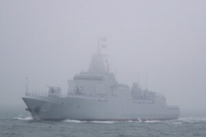 The Renhai-class destroyer Nanchang of the Chinese People's Liberation Army Navy sails off the coast of Qingdao in eastern China