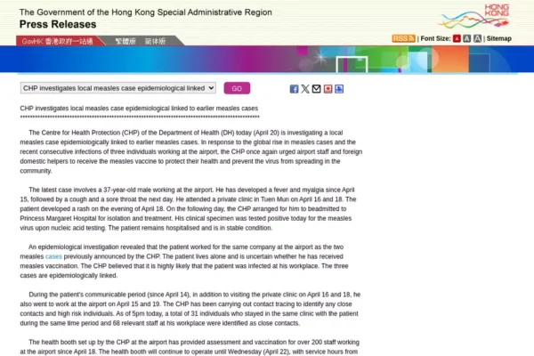 Hong Kong Investigates Local Measles Case, Urges Vaccination for Prevention