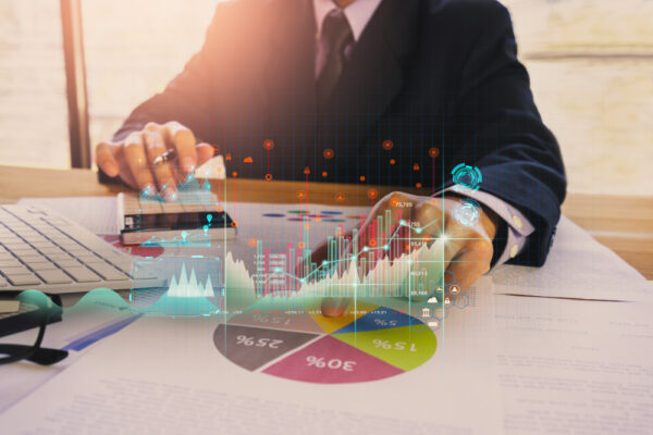 Stock market graph and business financial data on LED. Business graph and stock financial indicator. Stock or business market analysis concept. Business financial or stock market background. Business graph on stock market financial exchange
