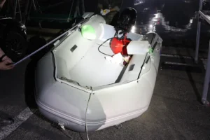 The rubber boat that a Chinese national was in when he was detained in the waters off South Korea's west coast, at a port in Taean, South Korea. / Credit: The Taean Maritime Police via AP
