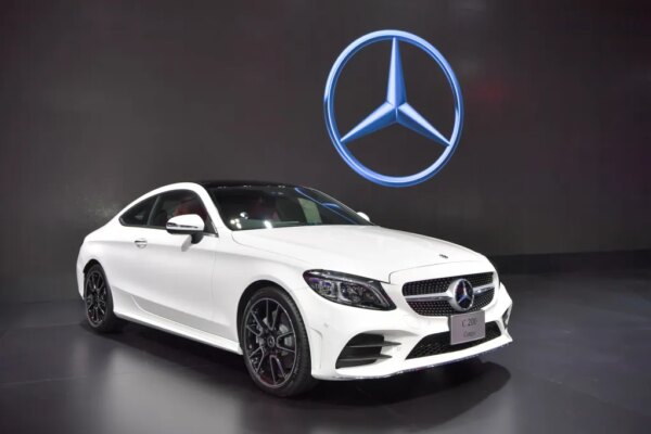 A white Mercedes-Benz C 200 Coupe on display at the Thailand International Motor Expo.