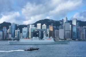 The PLA guided-missile frigate Hengyang, arrives at Victoria Harbour on Thursday morning. Photo: Jelly Tse