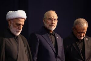 Iranian President Masoud Pezeshkian, Parliament Speaker Mohammad Baqer Qalibaf and Head of Judiciary Gholamhossein Mohseni Ejei attend a farewell ceremony for Iran's late Supreme Leader Ayatollah Ali Khamenei, who was killed on February 28 during Israeli and U.S. airstrikes on Iran, for international delegates at the Imam Khomeini Grand Mosalla in Tehran, Iran July 3, 2026. (via REUTERS)