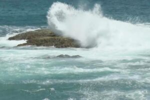 Waves crash near the coast of Keelung as Typhoon Bavi approaches the northern Taiwanese city on Thursday. Photo: AP