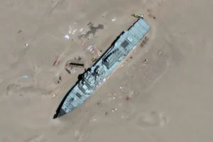 China built a 3-D model of the US Arleigh Burke-class guided missile destroyer to target in a remote desert, as seen here in May.