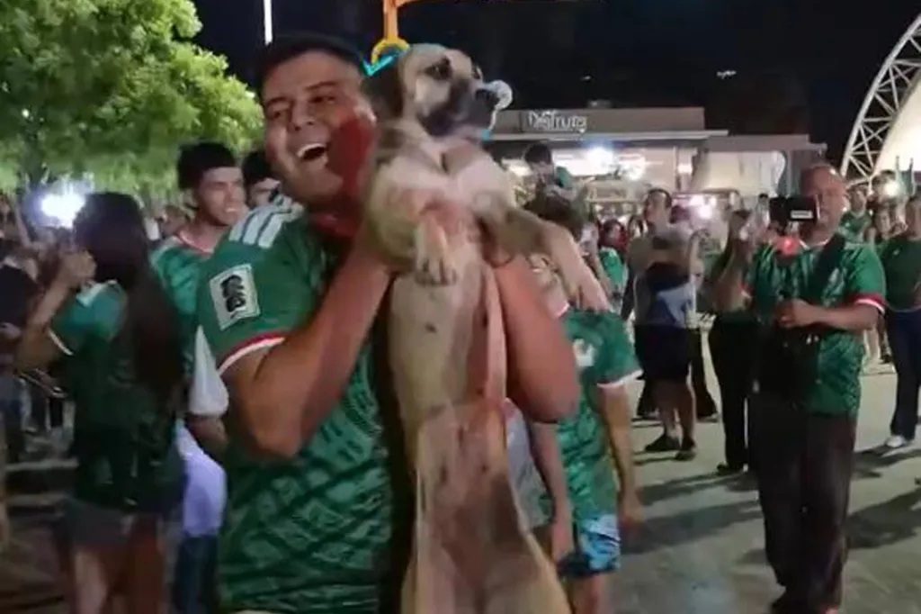 A football fan in a green jersey holding up a light-colored dog during celebrations.