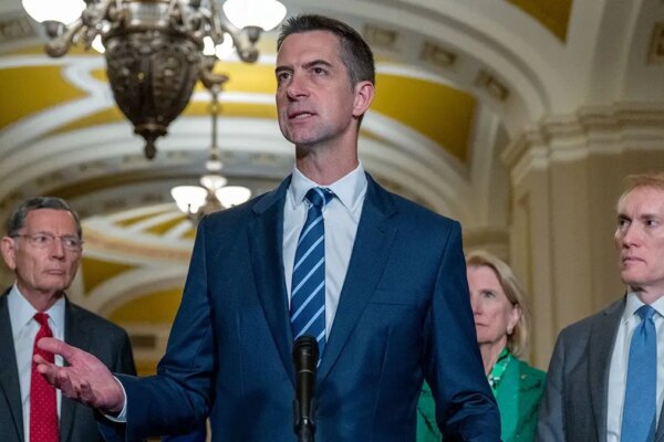 Senators John Barrasso, Tom Cotton, Shelley Moore Capito and James Lankford stand at a news conference podium.