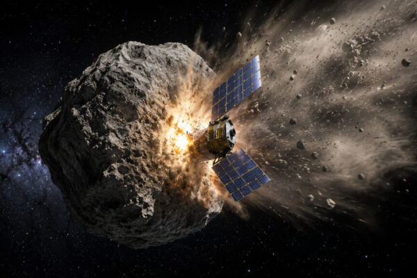 Illustration of a satellite slamming into an asteroid