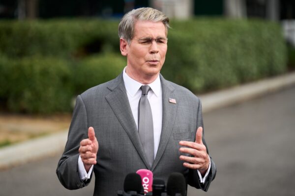 Treasury Secretary Scott Bessent speaks to members of the media outside the White House in Washington on Thursday.