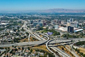San Jose, the commercial hub of Silicon Valley, California, and its network of freeways. The San Francisco Bay Area has long been understood as a region made up of the nine counties that touch the bay. Photo: Getty Images