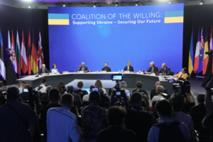 Volodymyr Zelenskyy during the Coalition of the Willing meeting in Kyiv, on Aug. 24. (Bloomberg)