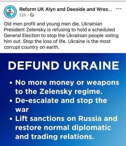 Reform UK distances itself from unofficial local Facebook page opposing support for Ukraine