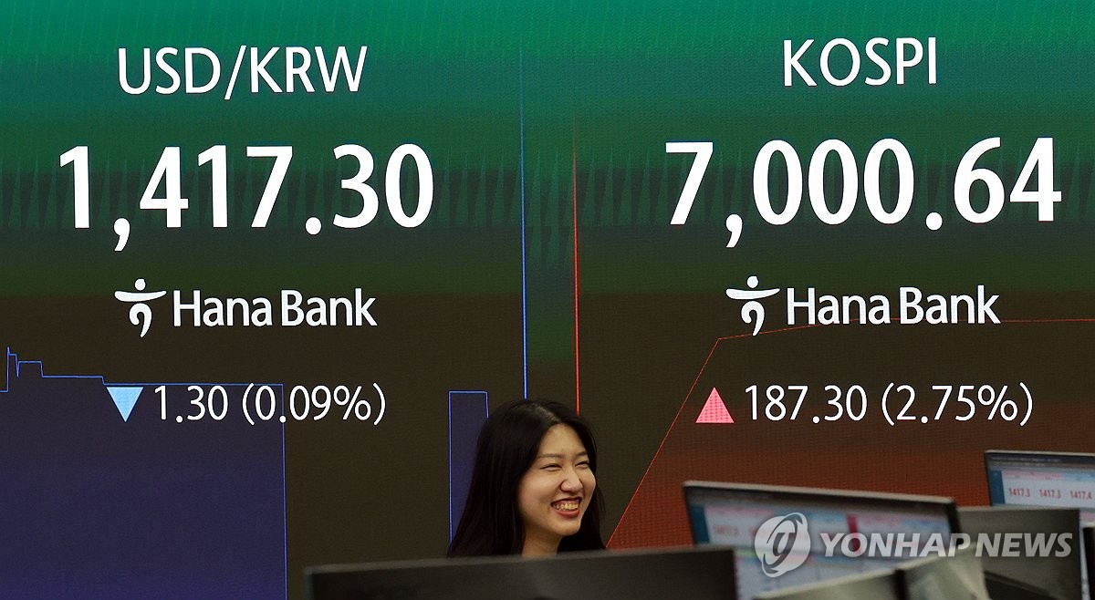 Financial data is displayed on a screen at the dealing room of Hana Bank in Seoul on Aug. 14, 2026. (Yonhap)