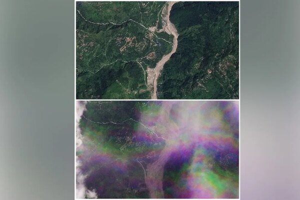 A combination of satellite images shows Manakamana on August 23, 2026, before a flash flood (top) and on August 26, 2026, following a flash flood (bottom) that affected the area, Nepal.