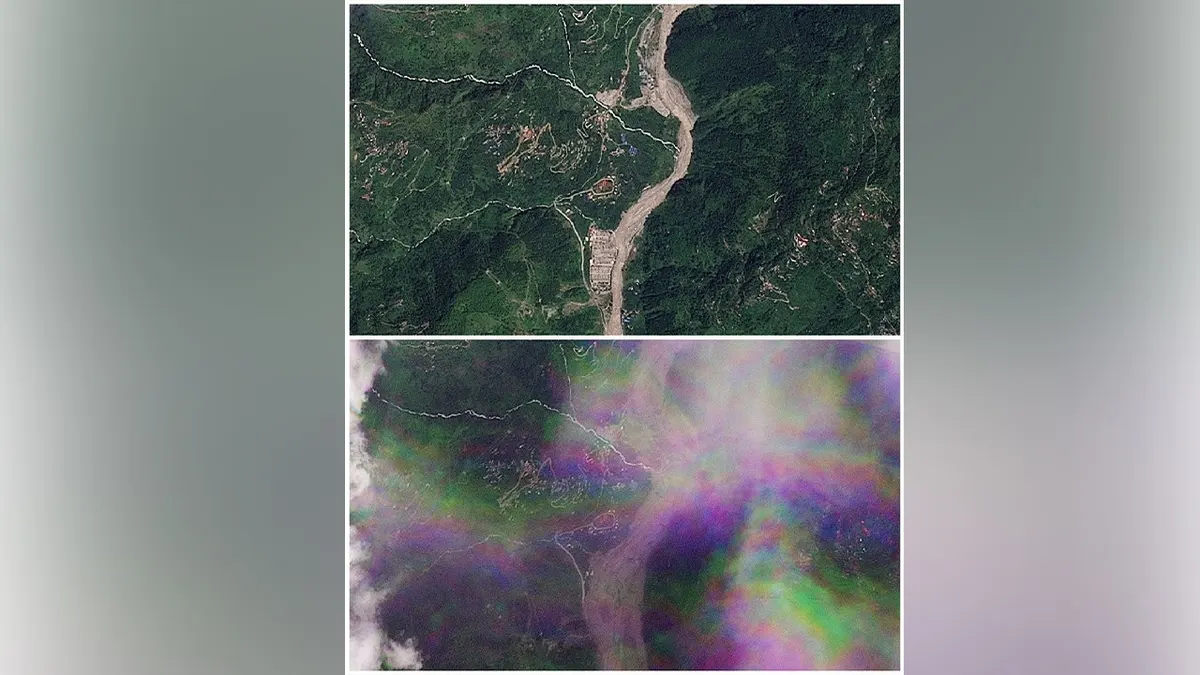 A combination of satellite images shows Manakamana on August 23, 2026, before a flash flood (top) and on August 26, 2026, following a flash flood (bottom) that affected the area, Nepal.