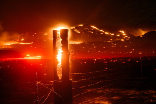 Seen in a long exposure, flames consume a fencepost as the Bug Fire burns near Doyle in unincorporated Lassen County, Calif., on Thursday, Aug. 13, 2026. (AP Photo/Noah Berger)