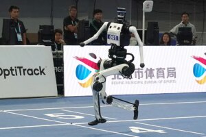 Robots from Team Tiangong Ultra compete in a relay race in Beijing.