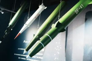 Models on display of China's DF-17 hypersonic short-range conventional ballistic missile.