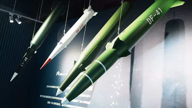 Models on display of China's DF-17 hypersonic short-range conventional ballistic missile.