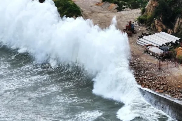 Huge waves crash on the coast of Huangqi in Lianjiang county, as Typhoon Dolphin approaches, in Fujian