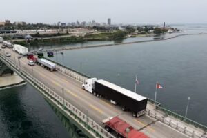 Trucks and other vehicles cross the bridge at the U.S.-Canada border in Fort Erie, Ontario, this week.