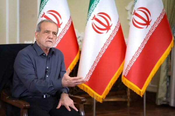 Iranian President Masoud Pezeshkian giving an interview in Tehran.