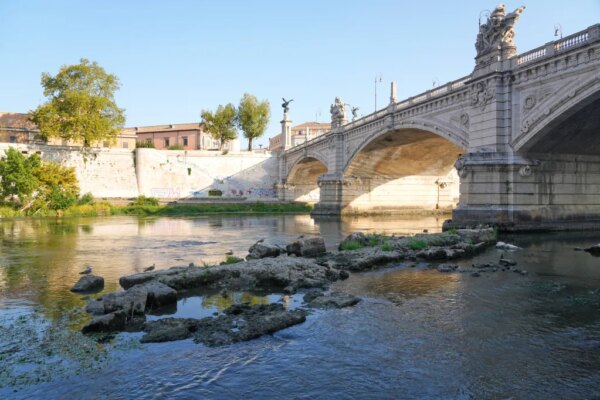 The ruins of the ancient Roman Neronian bridge emerge from the Tiber riverbed due to drought in Rome.