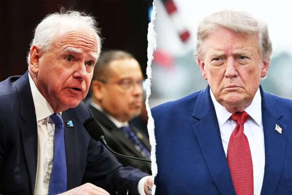 A split image of Minnesota Gov. Tim Walz and President Donald Trump