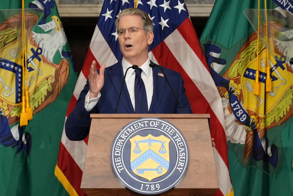 Treasury Secretary Scott Bessent speaking at a news conference.