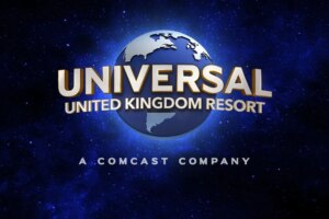 Universal United Kingdom Resort logo with a globe on a starry blue background.