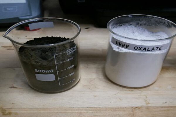 Vials containing rare earth concentrates extracted from acid mine drainage are seen at West Virginia University’s pilot plant in Mount Storm, West Virginia, on August 12, 2026.