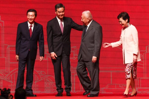 (From left) Luo Huining, then-director of the central government’s liaison office, former chief executive Leung Chun-ying, former chief executive Tung Chee-hwa and then-leader Carrie Lam Cheng Yuet-ngor, at a forum titled “Chinese Communist Party and One Country Two Systems” in June 2021. Photo: Nora Tam