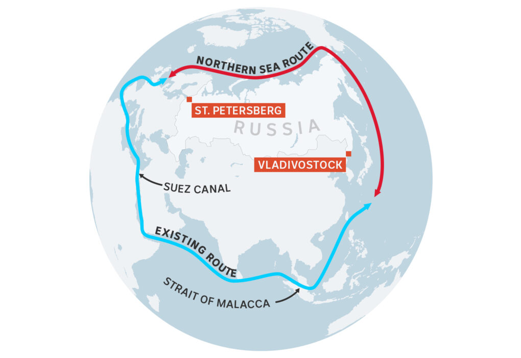 A map  showing Russia's Northern Sea Route and the existing primary trade route through the Suez Canal. 